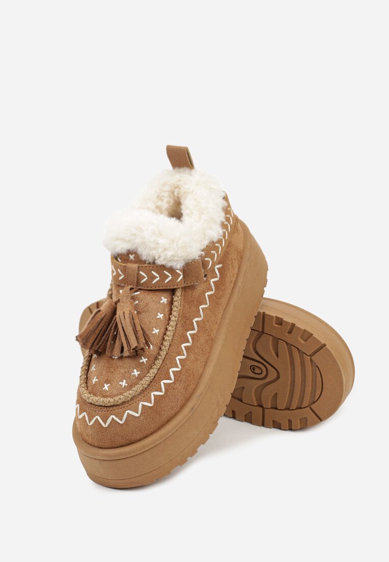 Brązowe Śniegowce na Platformie Ozdobione Haftem i Frędzlami  Linomis