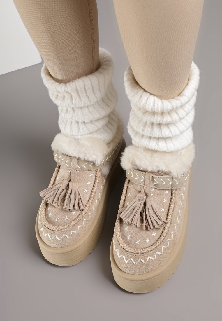 Beżowe Śniegowce na Platformie Ozdobione Haftem i Frędzlami  Linomis