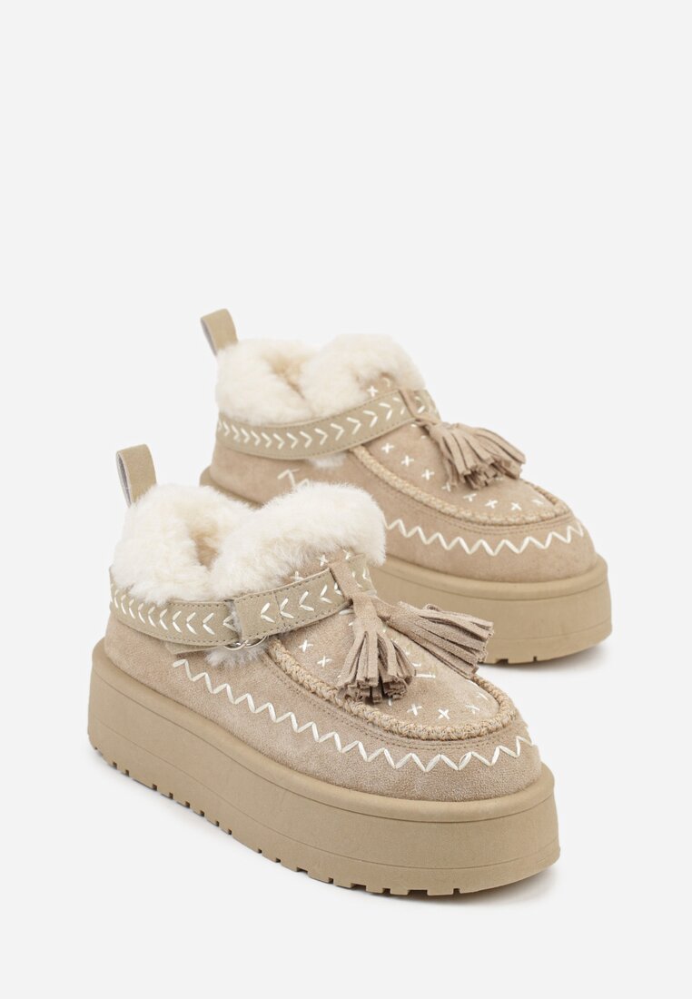 Beżowe Śniegowce na Platformie Ozdobione Haftem i Frędzlami  Linomis