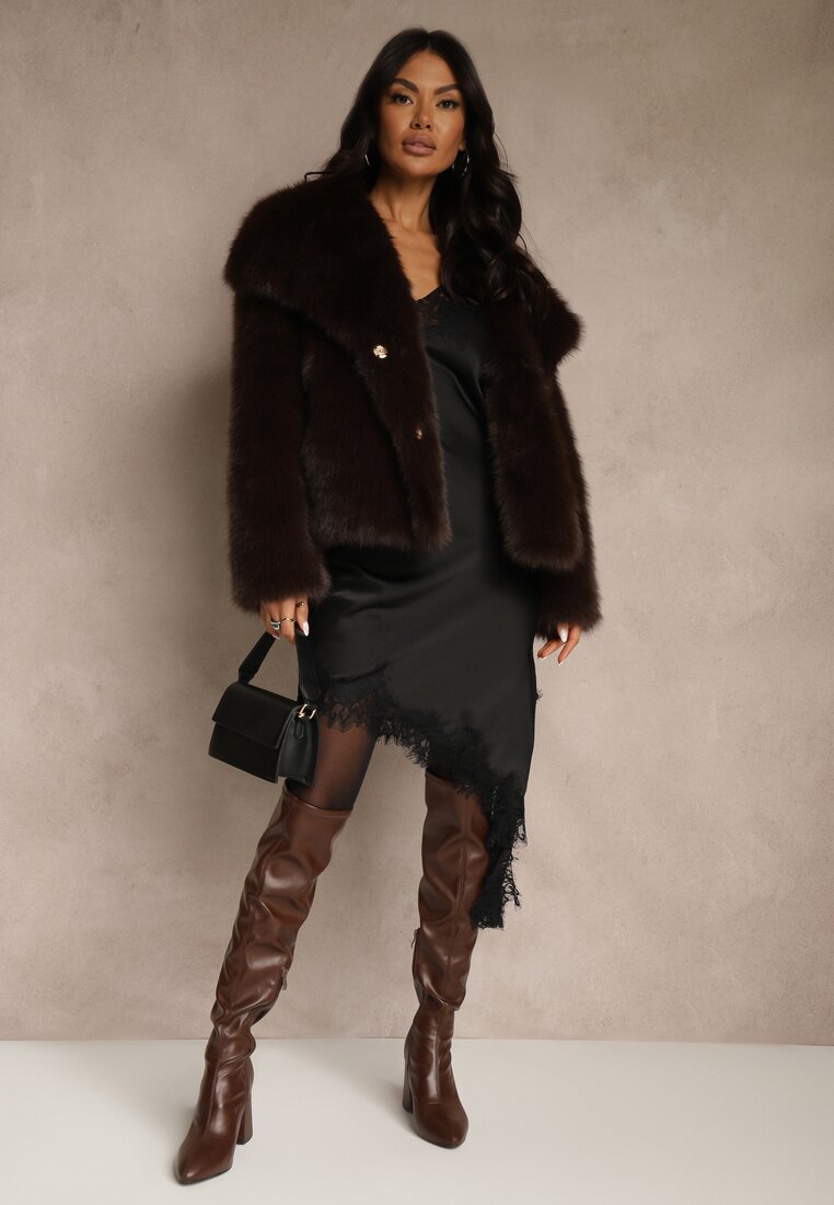 Czarna Satynowa Sukienka Asymetryczna z Koronką Monoria