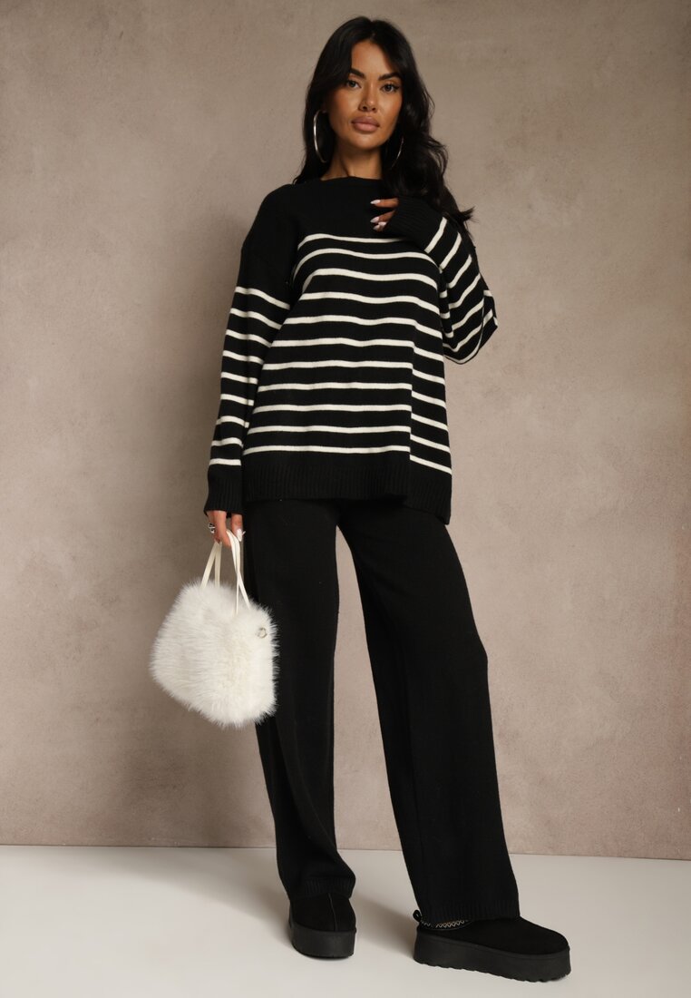 Czarny Komplet z Bawełną i Wełną Spodnie o Szerokim Kroju i Sweter w Paski Reimeia