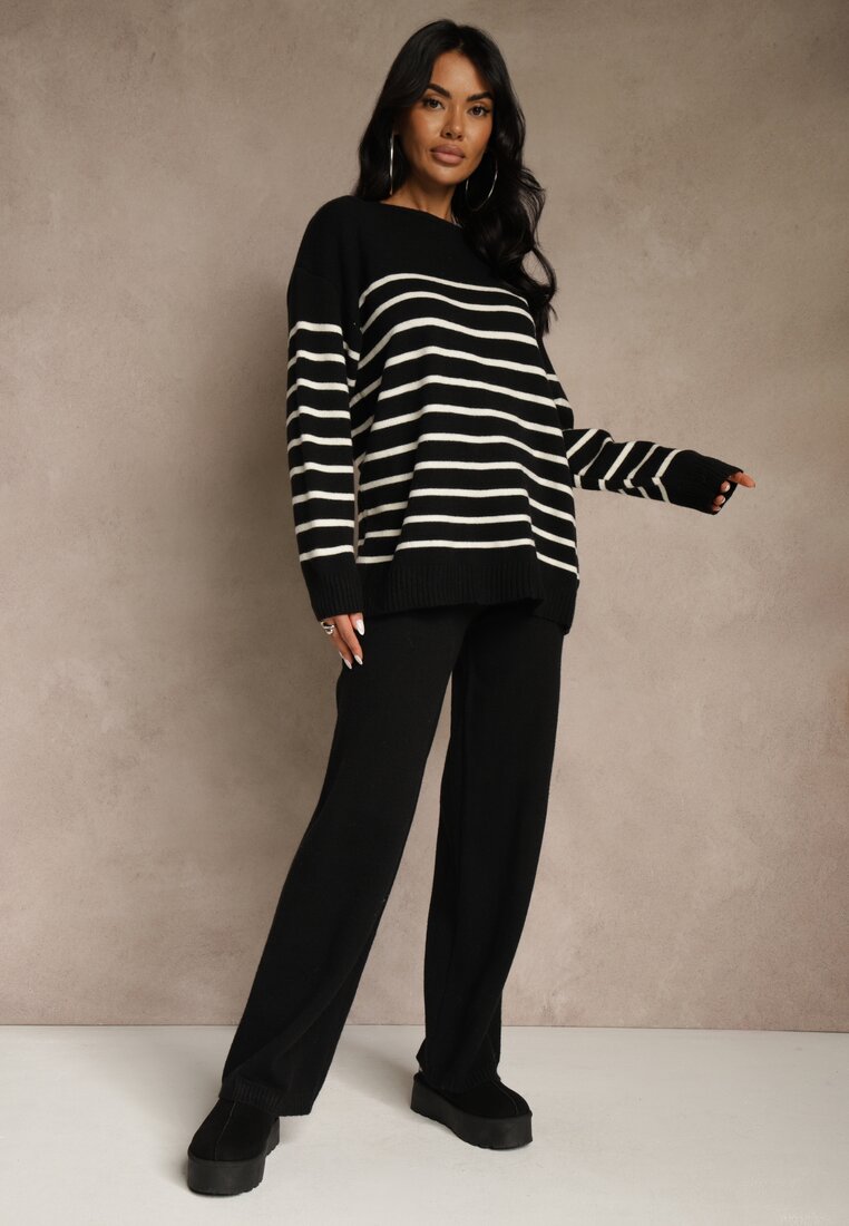 Czarny Komplet z Bawełną i Wełną Spodnie o Szerokim Kroju i Sweter w Paski Reimeia