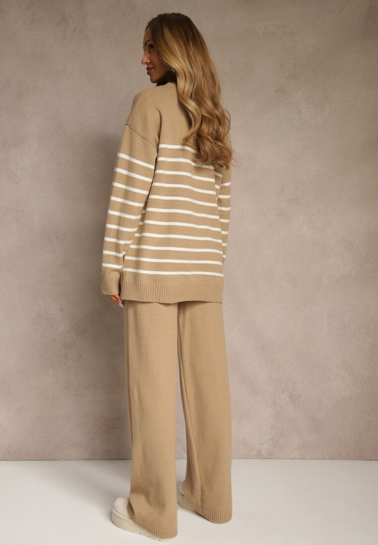 Ciemnobeżowy Komplet z Bawełną i Wełną Spodnie o Szerokim Kroju i Sweter w Paski Reimeia