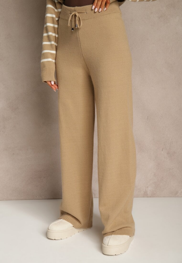 Ciemnobeżowy Komplet z Bawełną i Wełną Spodnie o Szerokim Kroju i Sweter w Paski Reimeia