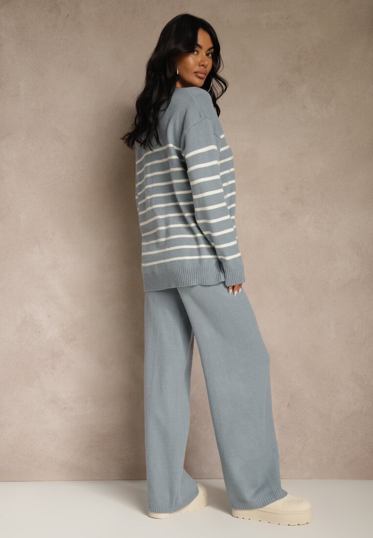 Niebieski Komplet z Bawełną i Wełną Spodnie o Szerokim Kroju i Sweter w Paski Reimeia