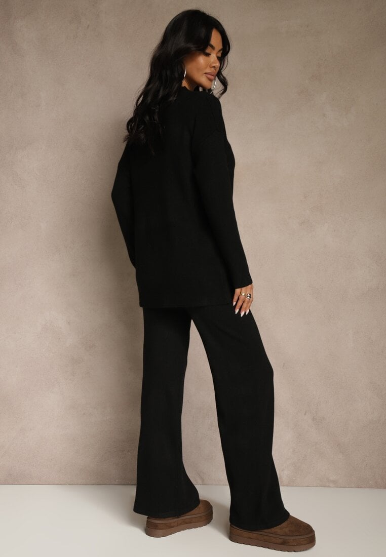 Czarny Komplet z Wełną i Bawełną Szerokie Spodnie i Sweter o Długim Kroju Reilissa