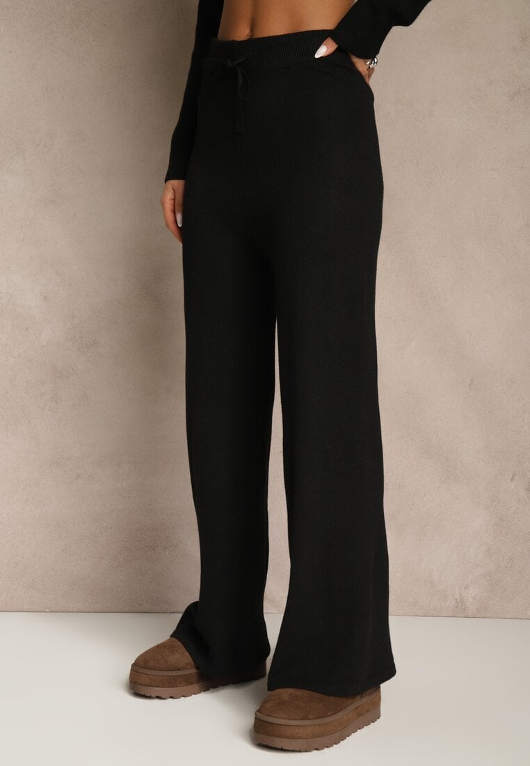 Czarny Komplet z Wełną i Bawełną Szerokie Spodnie i Sweter o Długim Kroju Reilissa