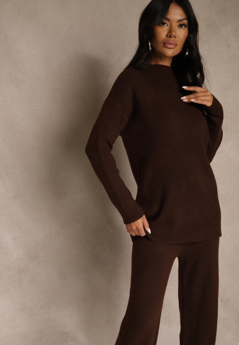 Brązowy Komplet z Wełną i Bawełną Szerokie Spodnie i Sweter o Długim Kroju Reilissa