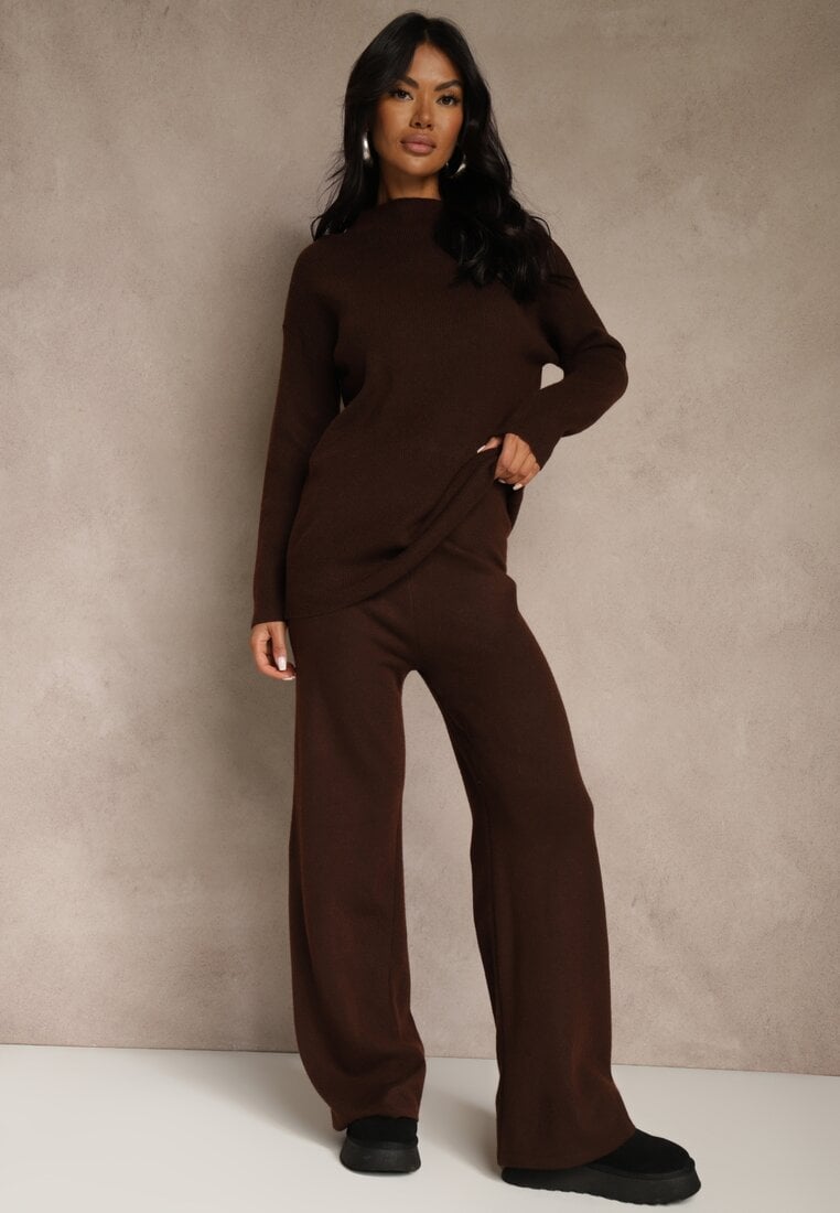 Brązowy Komplet z Wełną i Bawełną Szerokie Spodnie i Sweter o Długim Kroju Reilissa