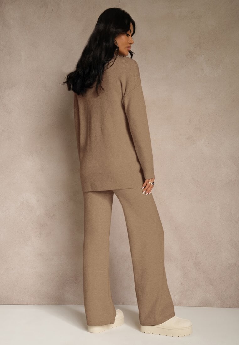 Ciemnobeżowy Komplet z Wełną i Bawełną Szerokie Spodnie i Sweter o Długim Kroju Reilissa