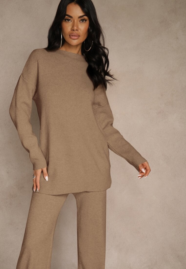Ciemnobeżowy Komplet z Wełną i Bawełną Szerokie Spodnie i Sweter o Długim Kroju Reilissa