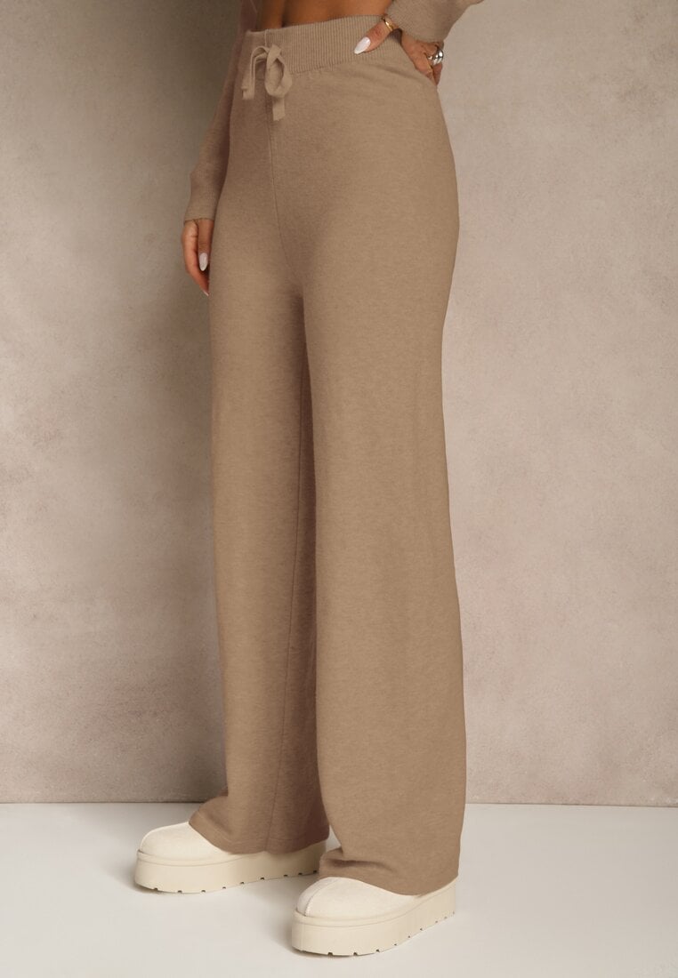 Ciemnobeżowy Komplet z Wełną i Bawełną Szerokie Spodnie i Sweter o Długim Kroju Reilissa