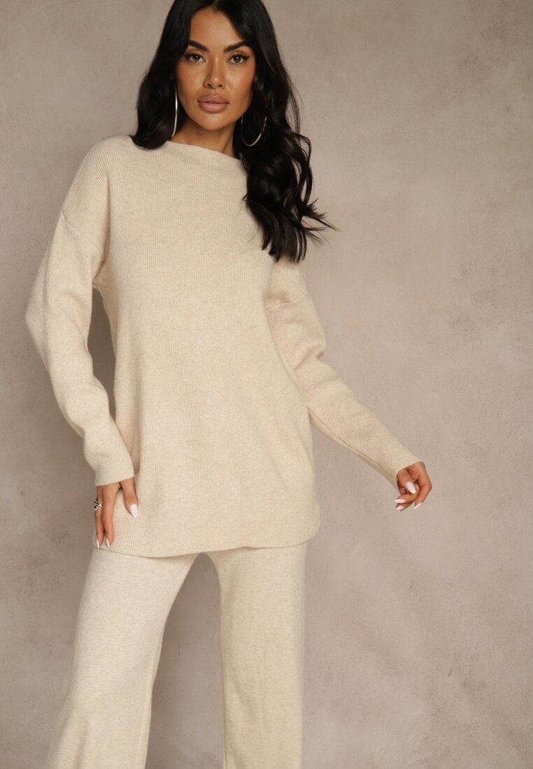 Beżowy Komplet z Wełną i Bawełną Szerokie Spodnie i Sweter o Długim Kroju Reilissa