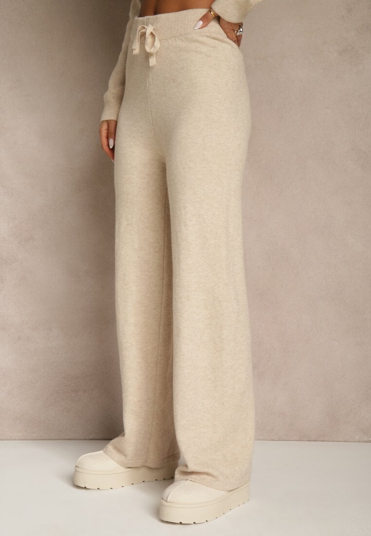 Beżowy Komplet z Wełną i Bawełną Szerokie Spodnie i Sweter o Długim Kroju Reilissa