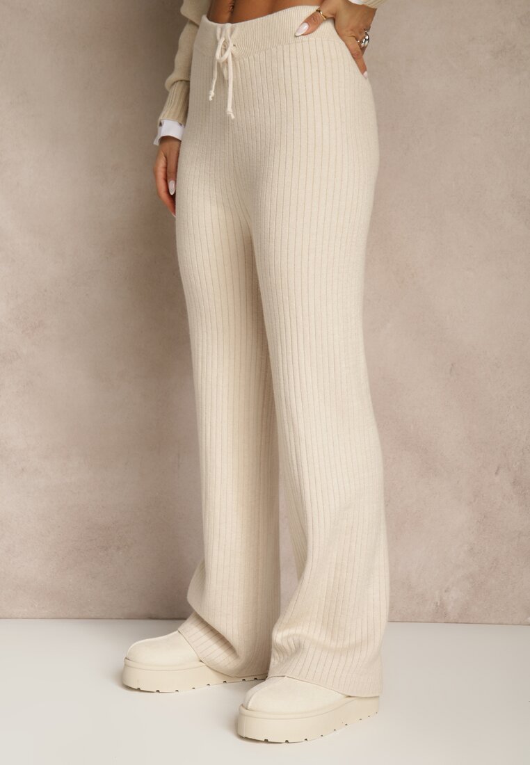 Jasnobeżowe Szerokie Spodnie z Wełną 	High Waist z Prążkowanego Materiału Reinna