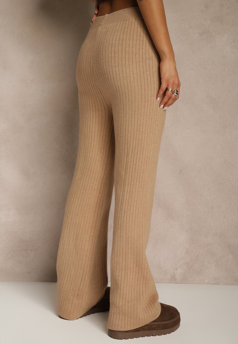 Beżowe Szerokie Spodnie z Wełną 	High Waist z Prążkowanego Materiału Reinna