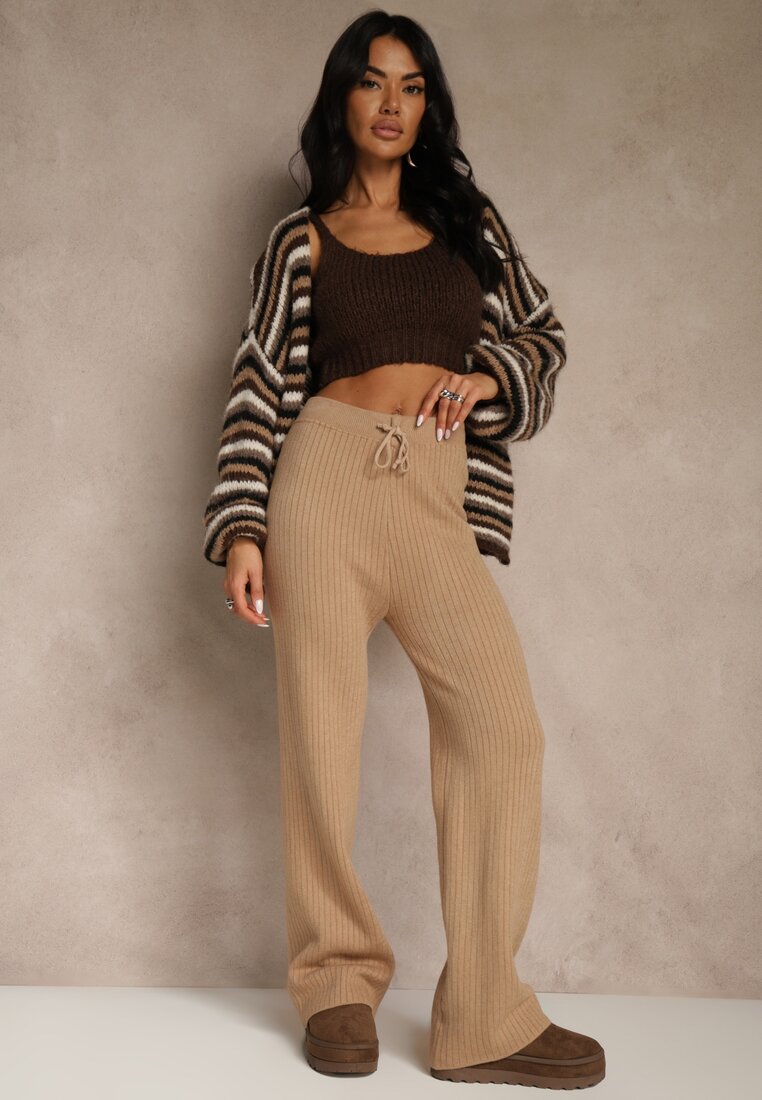 Beżowe Szerokie Spodnie z Wełną 	High Waist z Prążkowanego Materiału Reinna