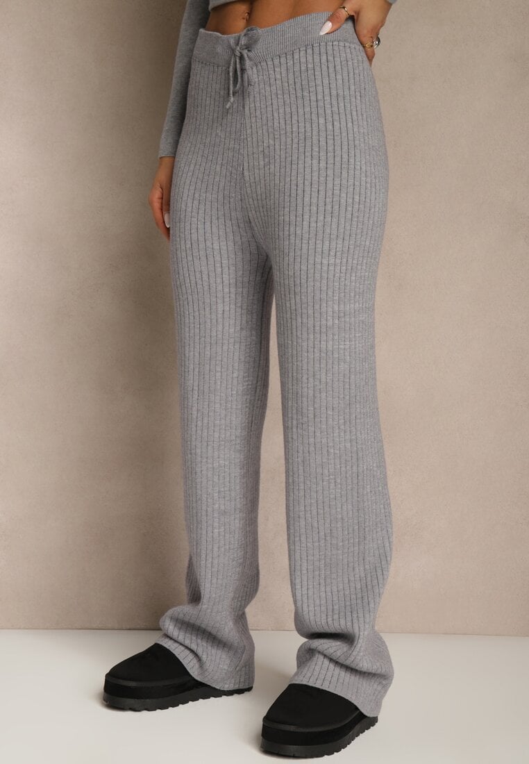 Szare Szerokie Spodnie z Wełną 	High Waist z Prążkowanego Materiału Reinna