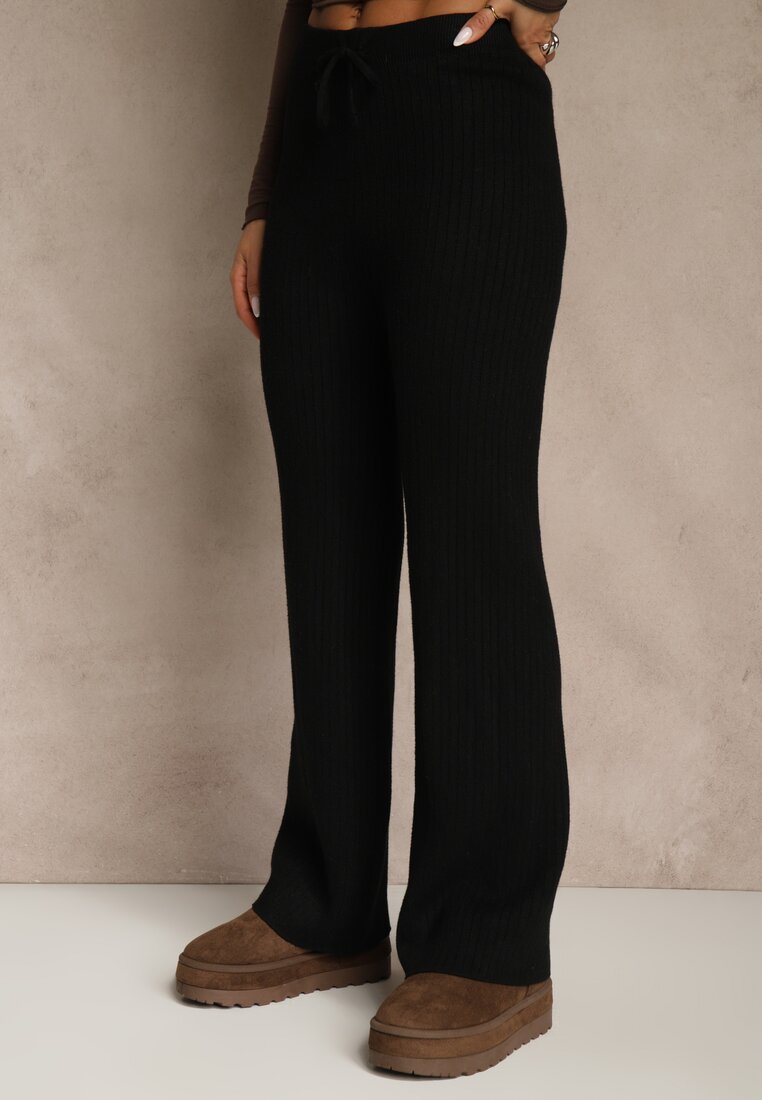 Czarne Szerokie Spodnie z Wełną 	High Waist z Prążkowanego Materiału Reinna