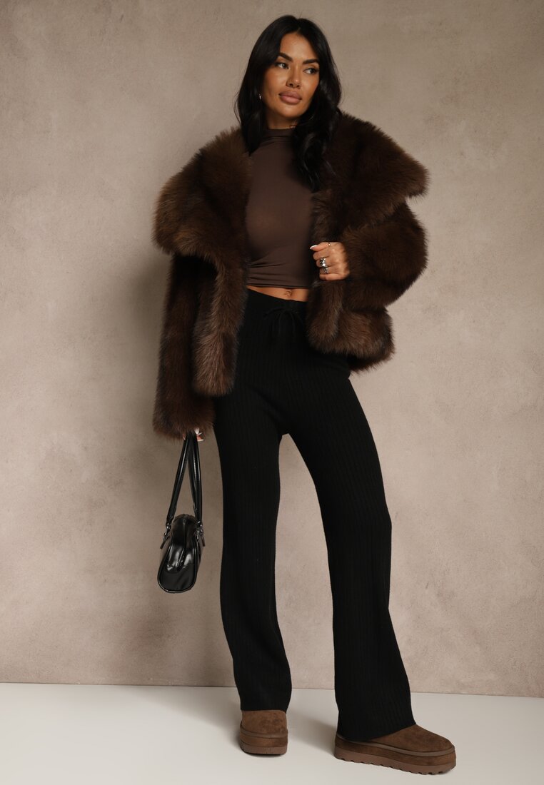 Czarne Szerokie Spodnie z Wełną 	High Waist z Prążkowanego Materiału Reinna