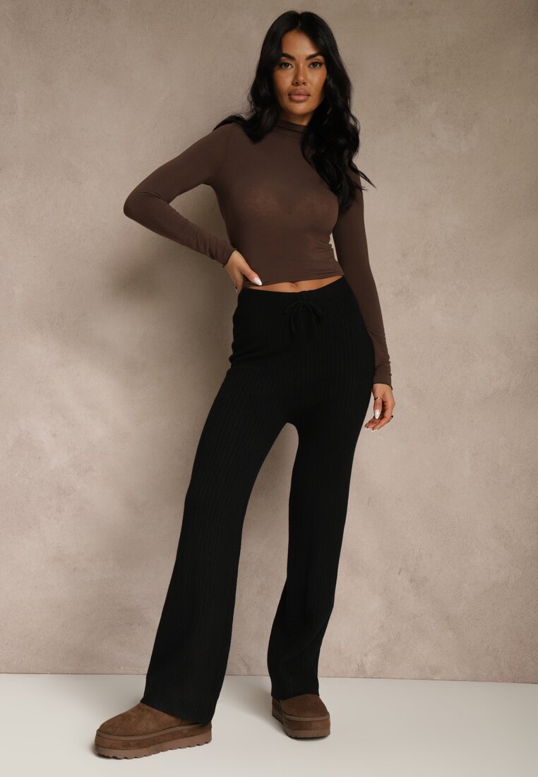 Czarne Szerokie Spodnie z Wełną 	High Waist z Prążkowanego Materiału Reinna
