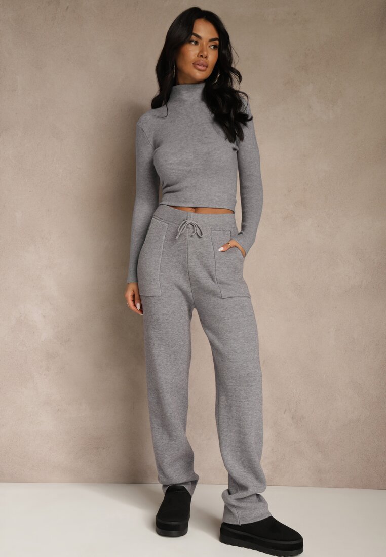 Szare Spodnie z Wełną ze Sznurkiem i Ozdobnymi Kieszeniami Moneressa