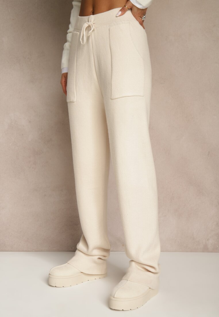 Beżowe Spodnie z Wełną ze Sznurkiem i Ozdobnymi Kieszeniami Moneressa