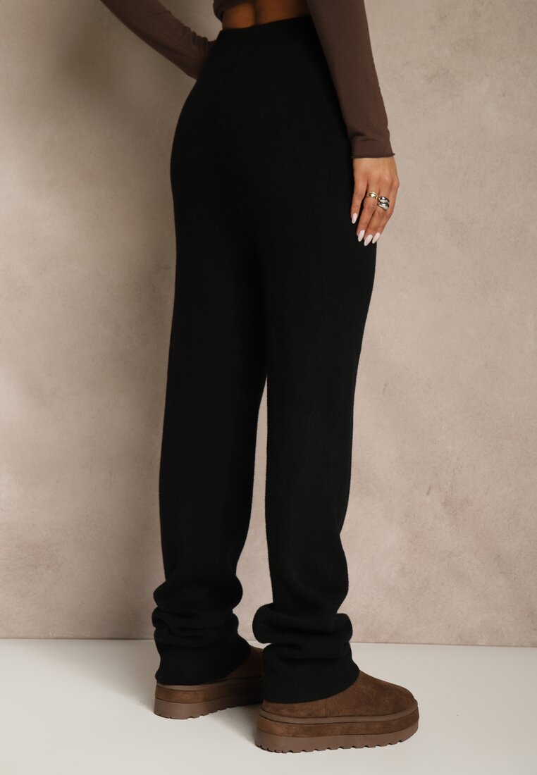 Czarne Spodnie z Wełną ze Sznurkiem i Ozdobnymi Kieszeniami Moneressa