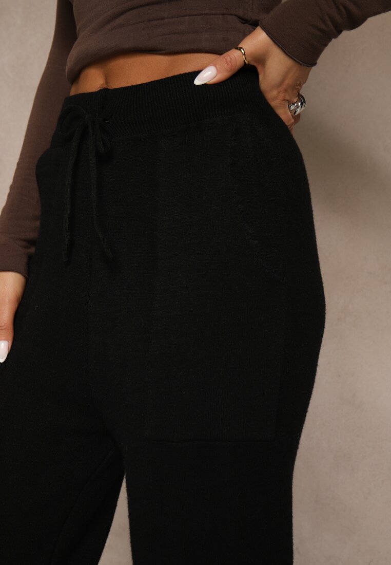 Czarne Spodnie z Wełną ze Sznurkiem i Ozdobnymi Kieszeniami Moneressa