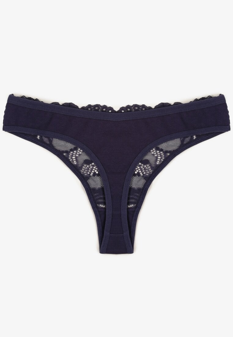 Granatowe Bawełniane Majtki Stringi z Koronką Ilwedana