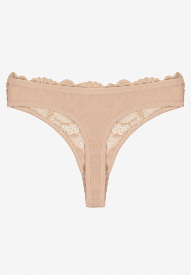 Beżowe Bawełniane Majtki Stringi z Koronką Ilwedana