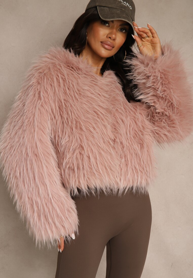 Różowa Kurtka Futerko z Kapturem i Zapięciem na Suwak Zetora