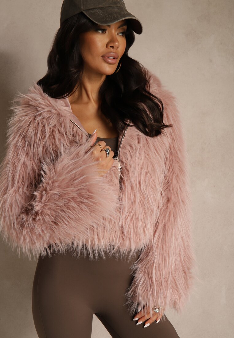 Różowa Kurtka Futerko z Kapturem i Zapięciem na Suwak Zetora