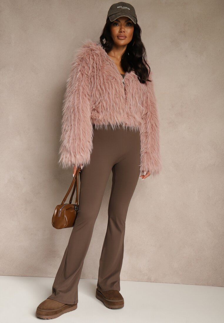 Różowa Kurtka Futerko z Kapturem i Zapięciem na Suwak Zetora