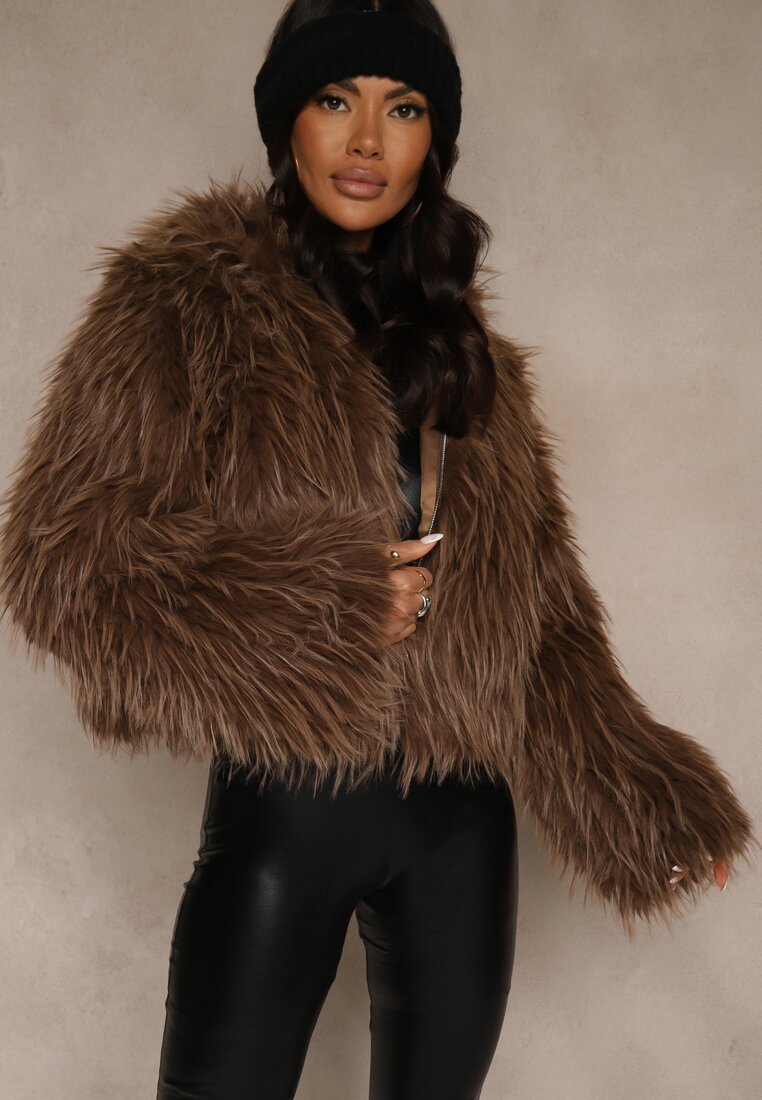 Brązowa Kurtka Futerko z Kapturem i Zapięciem na Suwak Zetora