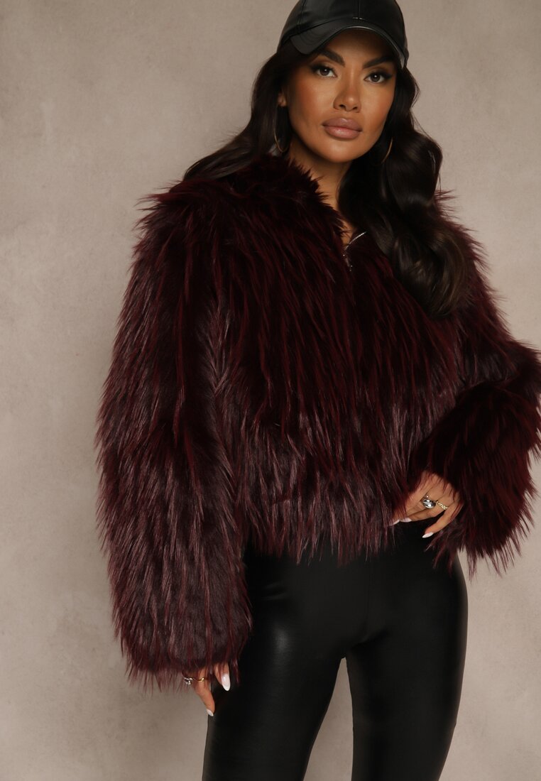 Bordowa Kurtka Futerko z Kapturem i Zapięciem na Suwak Zetora