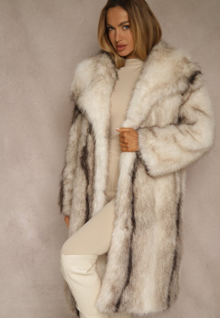 Biały Płaszcz Futerko o Prostym Kroju z Szerokim Kołnierzem Ezilana