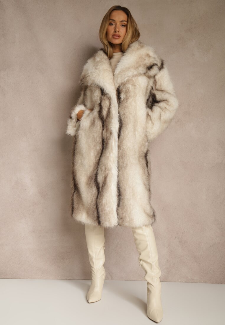 Biały Płaszcz Futerko o Prostym Kroju z Szerokim Kołnierzem Ezilana