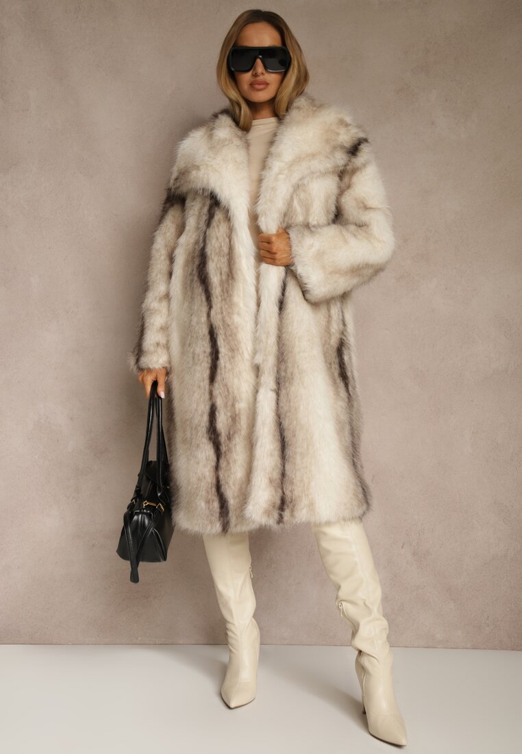 Biały Płaszcz Futerko o Prostym Kroju z Szerokim Kołnierzem Ezilana