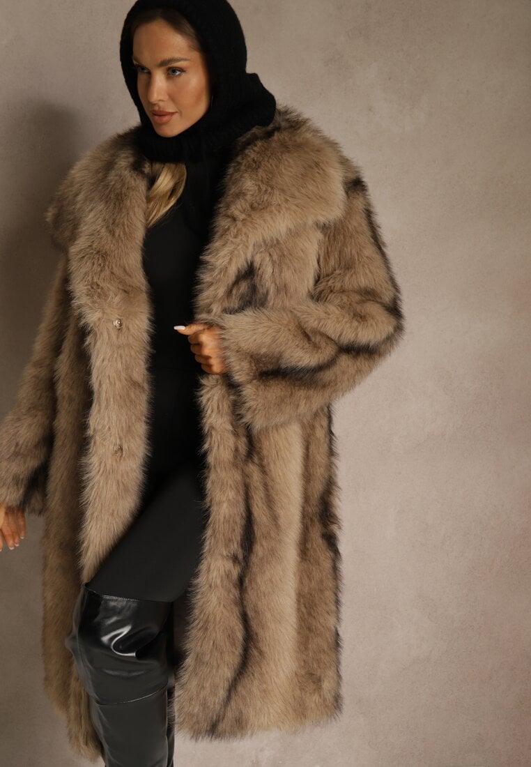 Brązowy Płaszcz Futerko o Prostym Kroju z Szerokim Kołnierzem Ezilana