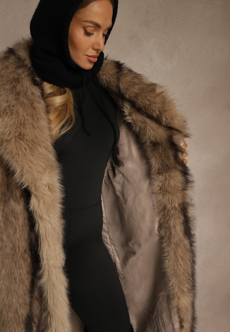 Brązowy Płaszcz Futerko o Prostym Kroju z Szerokim Kołnierzem Ezilana