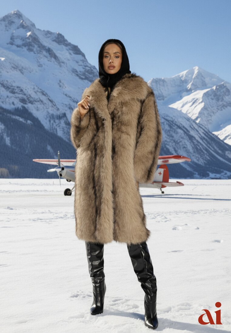 Brązowy Płaszcz Futerko o Prostym Kroju z Szerokim Kołnierzem Ezilana