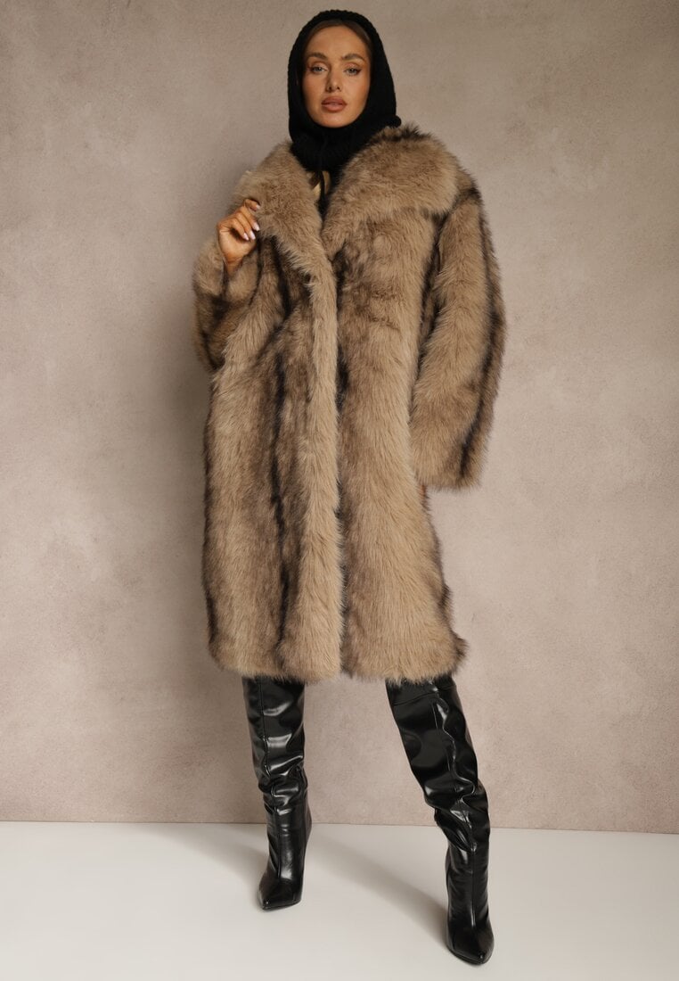 Brązowy Płaszcz Futerko o Prostym Kroju z Szerokim Kołnierzem Ezilana