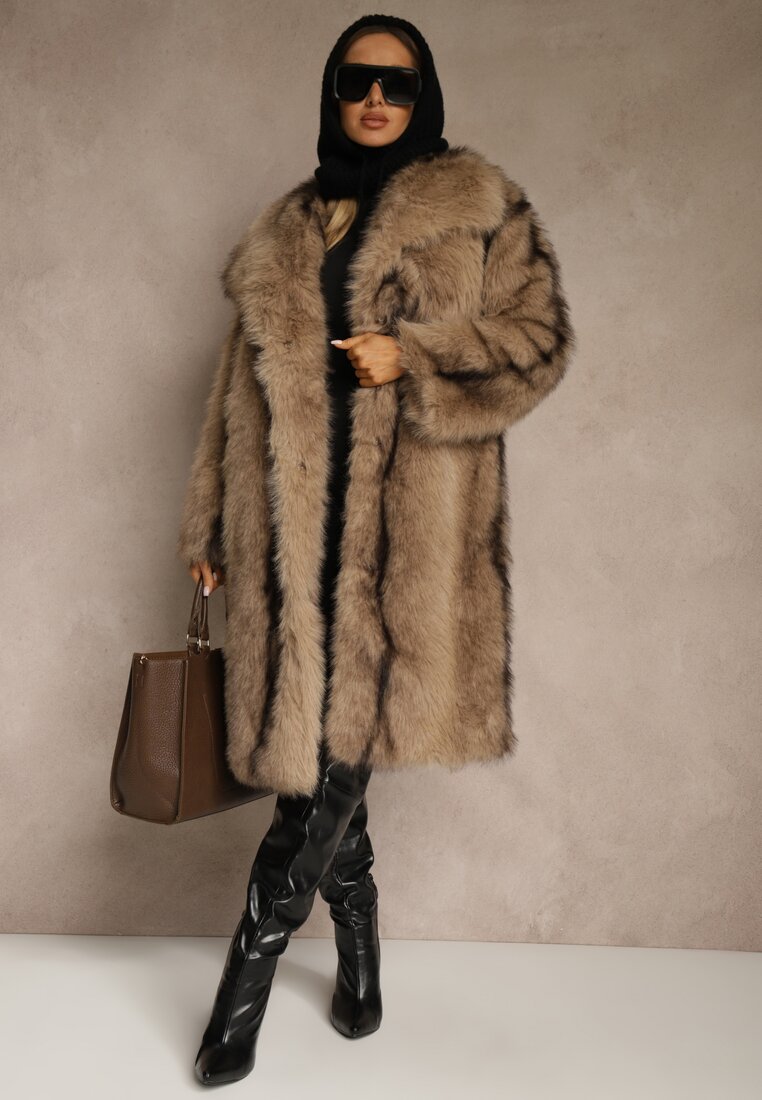 Brązowy Płaszcz Futerko o Prostym Kroju z Szerokim Kołnierzem Ezilana