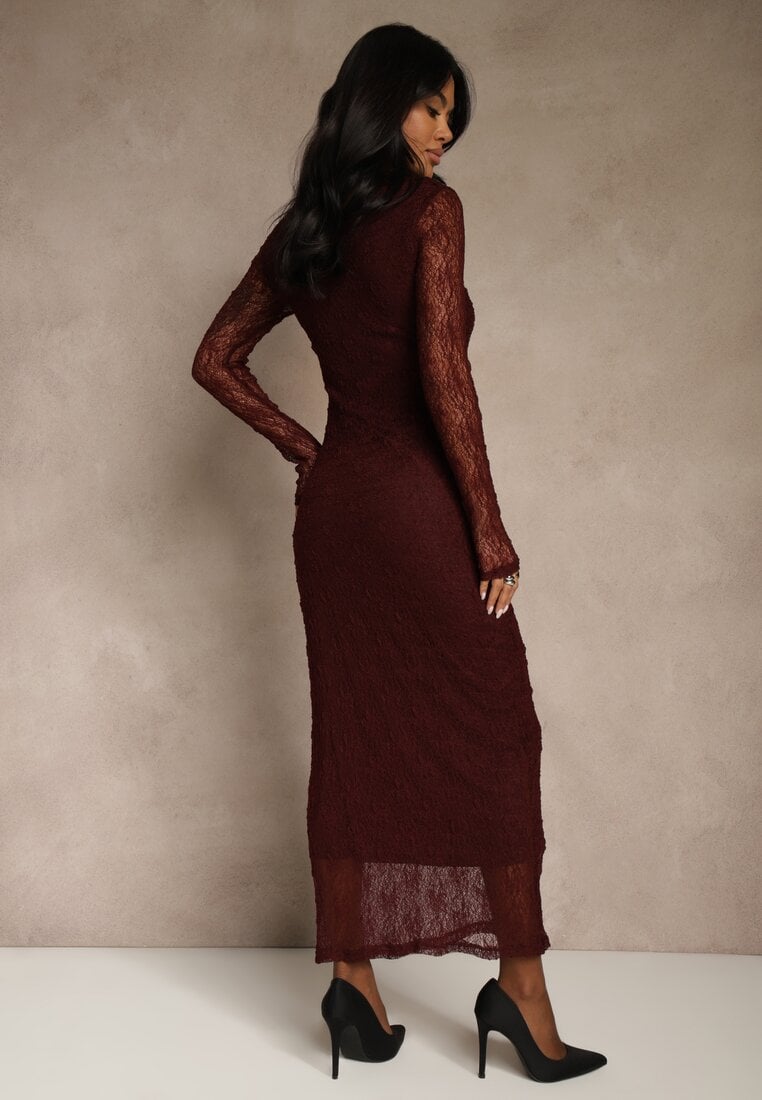Bordowa Koronkowa Sukienka Typu Longsleeve o Dopasowanym Kroju Zenoresa
