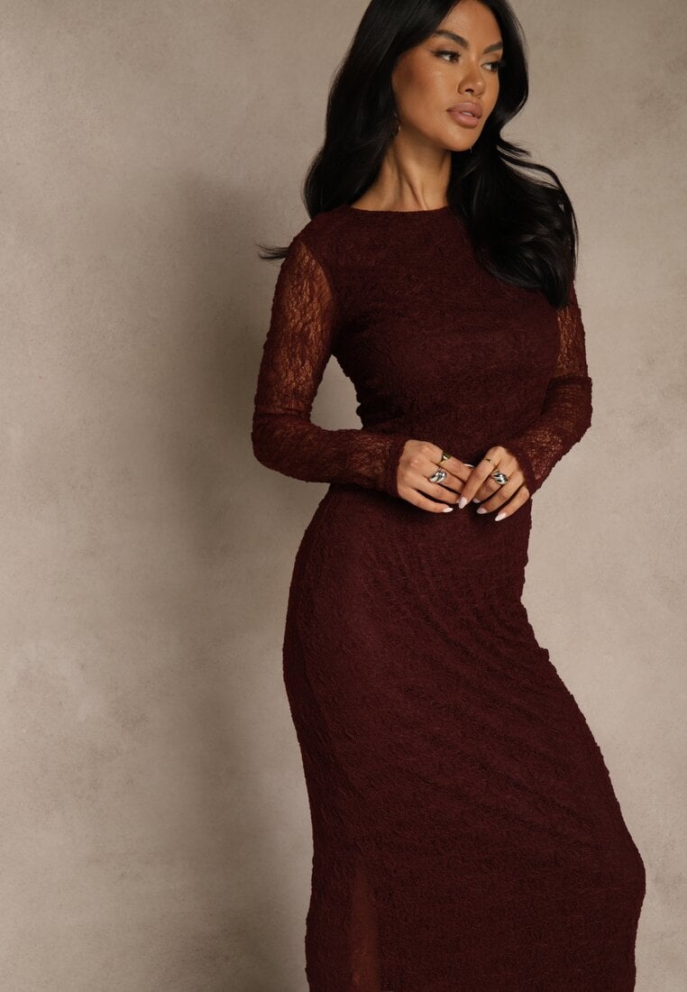 Bordowa Koronkowa Sukienka Typu Longsleeve o Dopasowanym Kroju Zenoresa