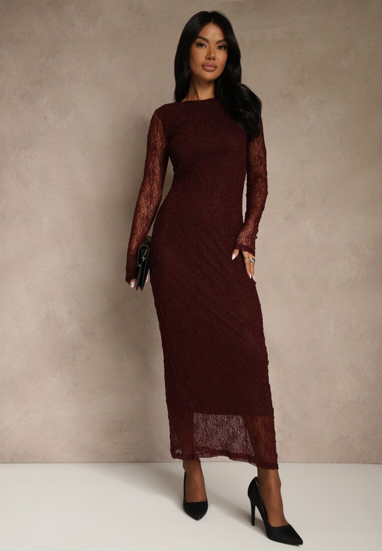 Bordowa Koronkowa Sukienka Typu Longsleeve o Dopasowanym Kroju Zenoresa