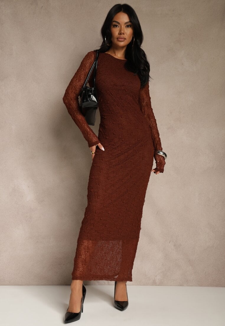 Brązowa Koronkowa Sukienka Typu Longsleeve o Dopasowanym Kroju Zenoresa