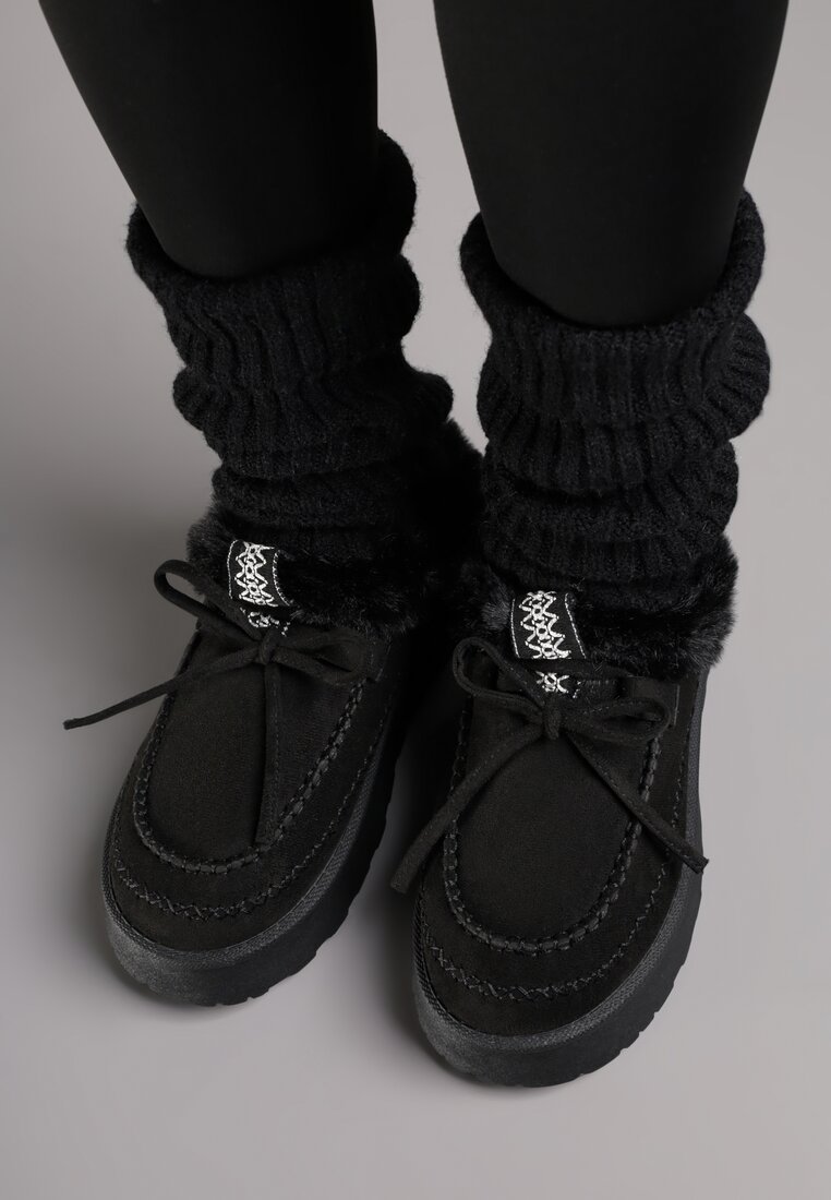Czarne Rustykalne Śniegowce z Niską Cholewką Zdobione Futrem i Kokardą Tuspena