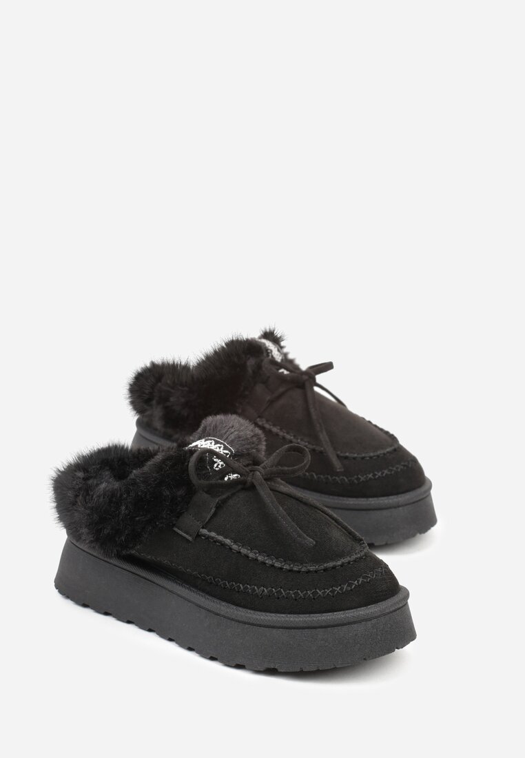 Czarne Rustykalne Śniegowce z Niską Cholewką Zdobione Futrem i Kokardą Tuspena